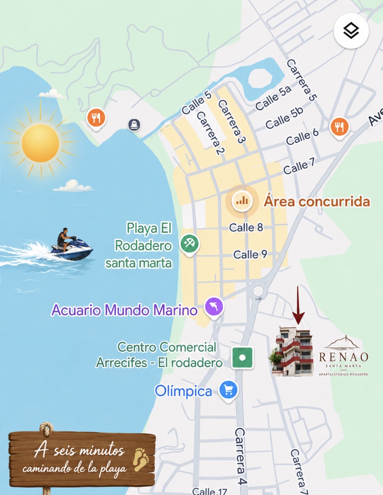 Mapa ilustrado de RENAO en El Rodadero, con el edificio, las calles y la referencia de la playa
